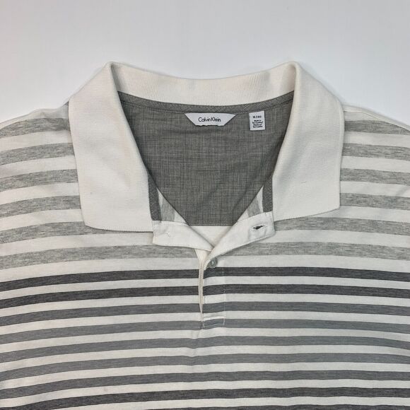 Calvin Klein Polo Shirt Men XL Extra Large White Grey Stripe Cotton Short Sleeve - Picture 3 of 11